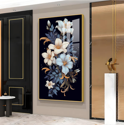 Obsidian Floral Glass Finish Vertical Wall Art