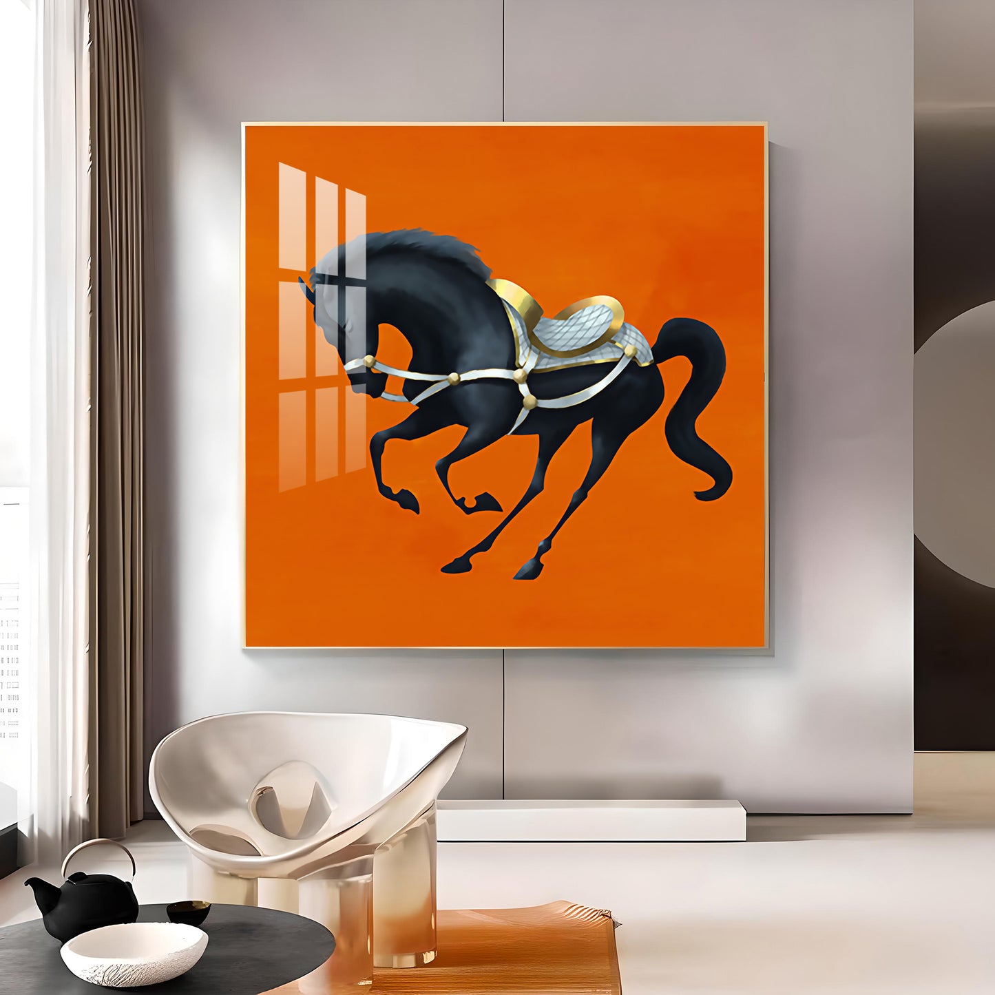 Jumping Horse In Orange Horizon Glass Finish Square Wall Art