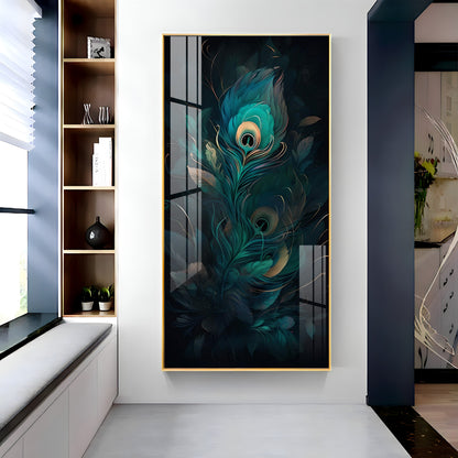 Peacock Feather Retreat Glass Finish Vertical Wall Art