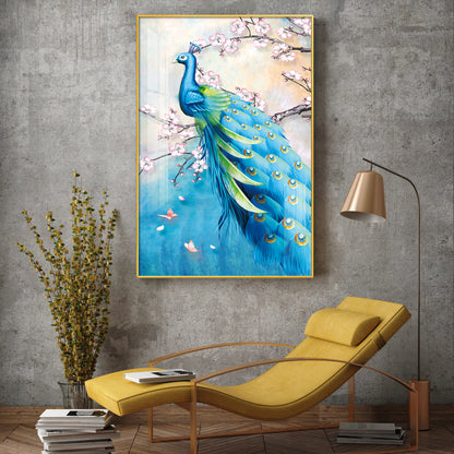 Peacock In Bloom Glass Finish Vertical Wall Art