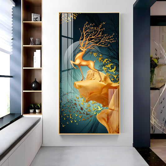 Golden Deer Jumping Glass Finish Vertical Wall Art