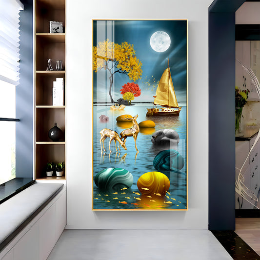 Boat and Deer Glass Finish Vertical Wall Art