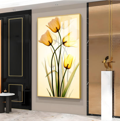 Radiant Yellow Tulips Glass Finish Vertical Wall Art