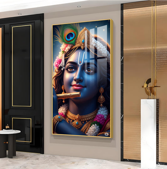 Krishna Flute Glass Finish Vertical Wall Art