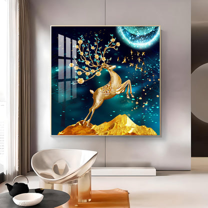 Golden Antlered Beauty Glass Finish Square Wall Art