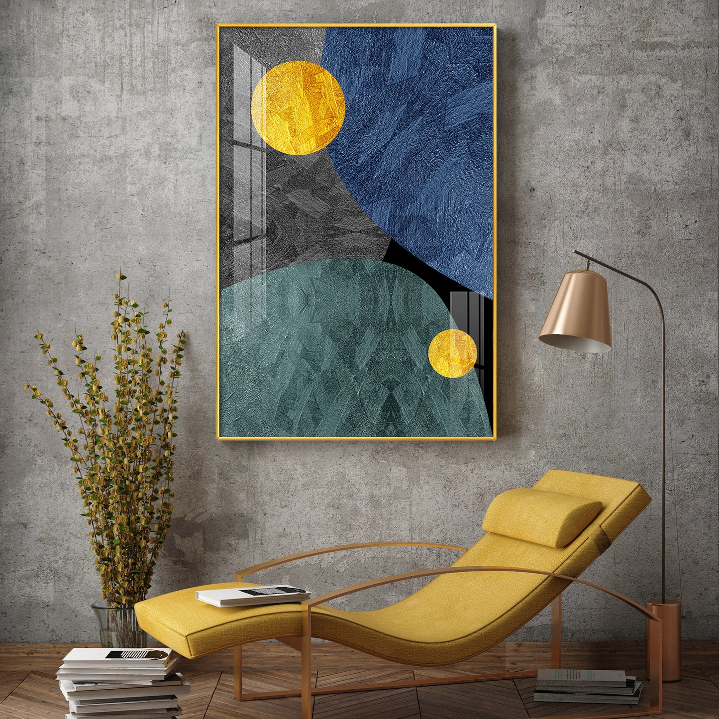 Abstract Yellow and Blue Glass Finish Vertical Wall Art