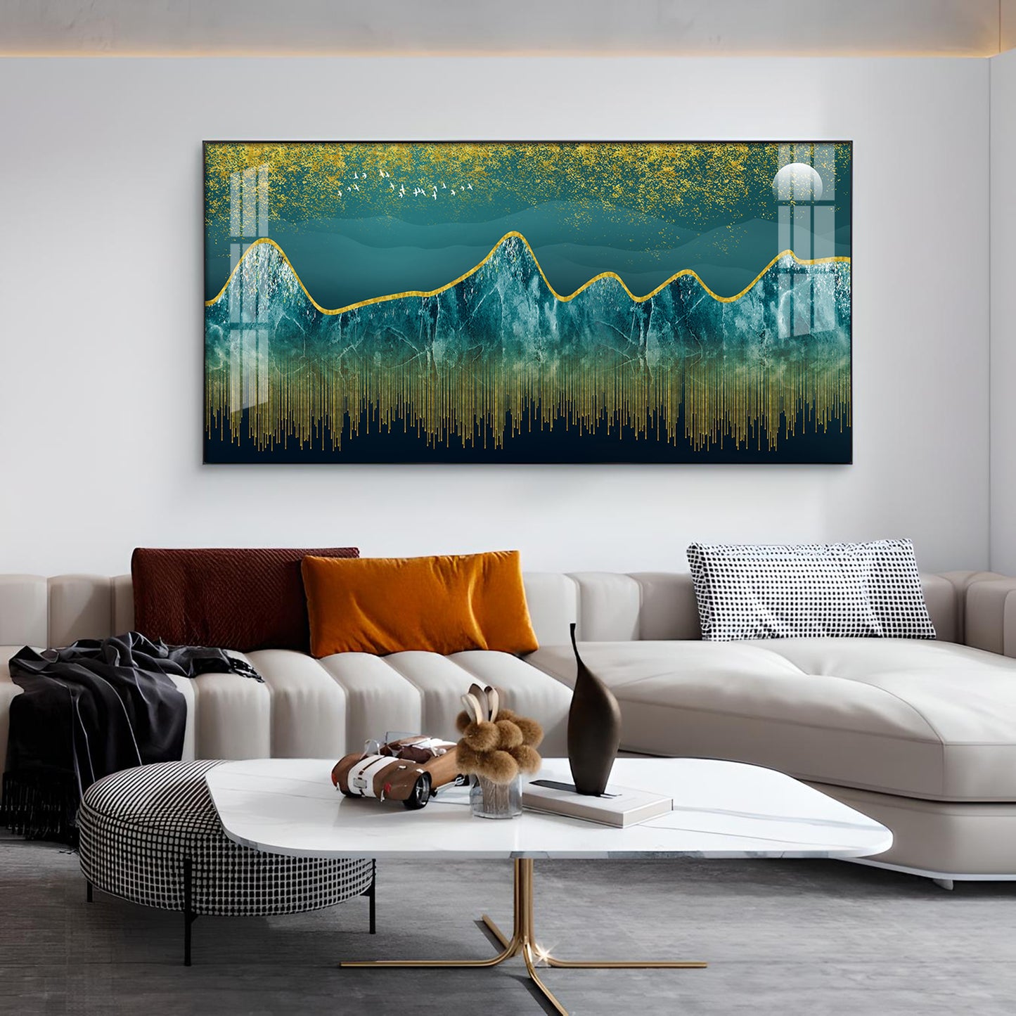 Dark Turquoise Mountains Glass Finish Horizontal Wall Art