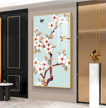 Avian Blossom Glass Finish Vertical Wall Art