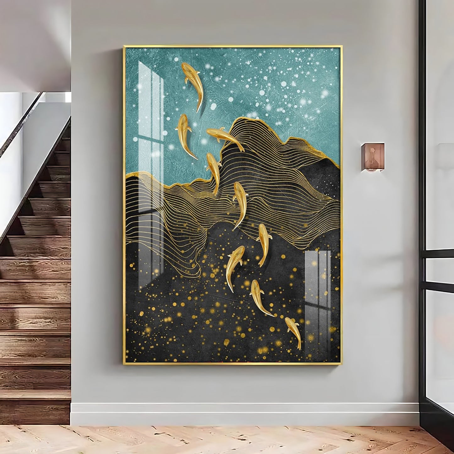 Black Gold Aquatic Fish Glass Finish Vertical Wall Art