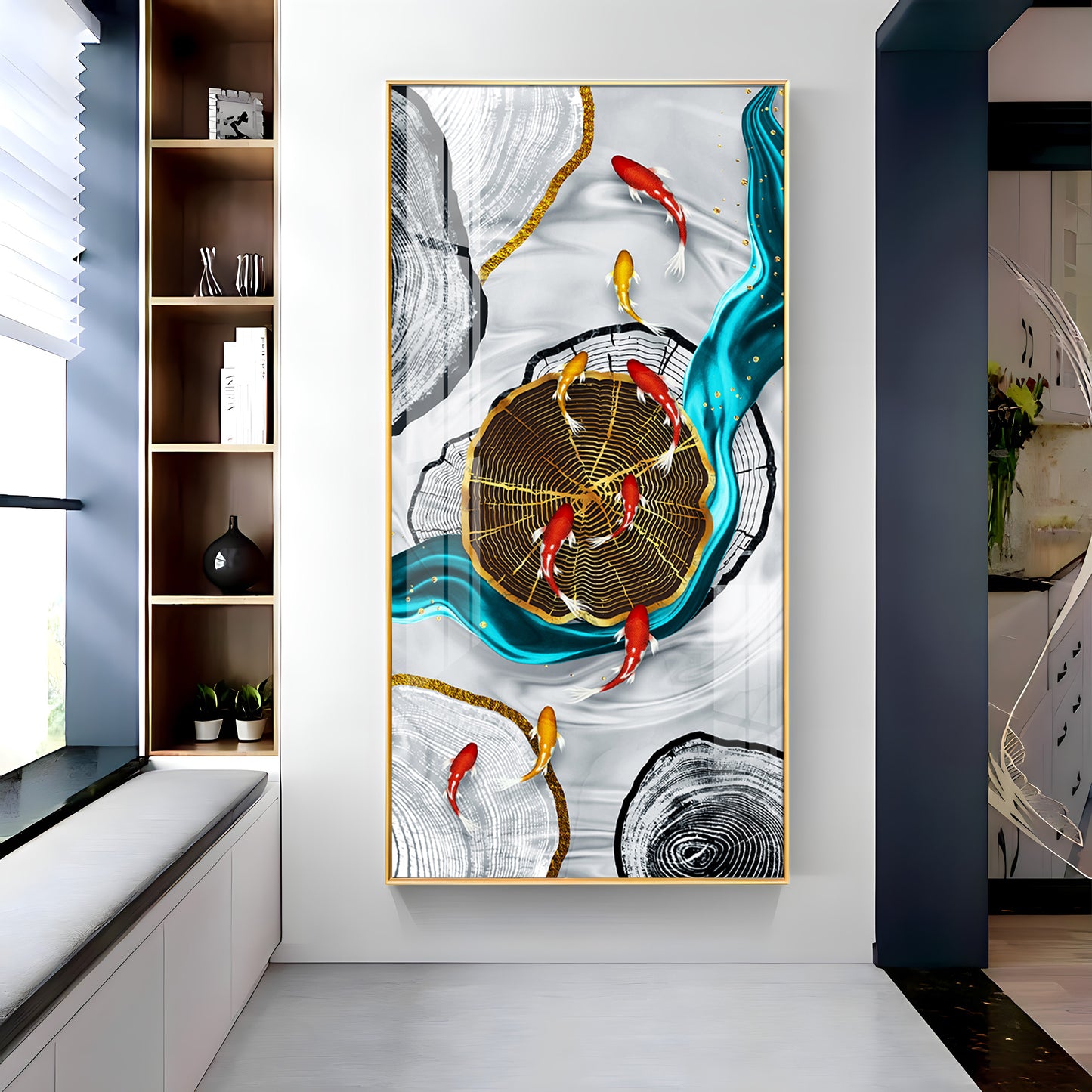 Tranquil Fish Pond Glass Finish Vertical Wall Art