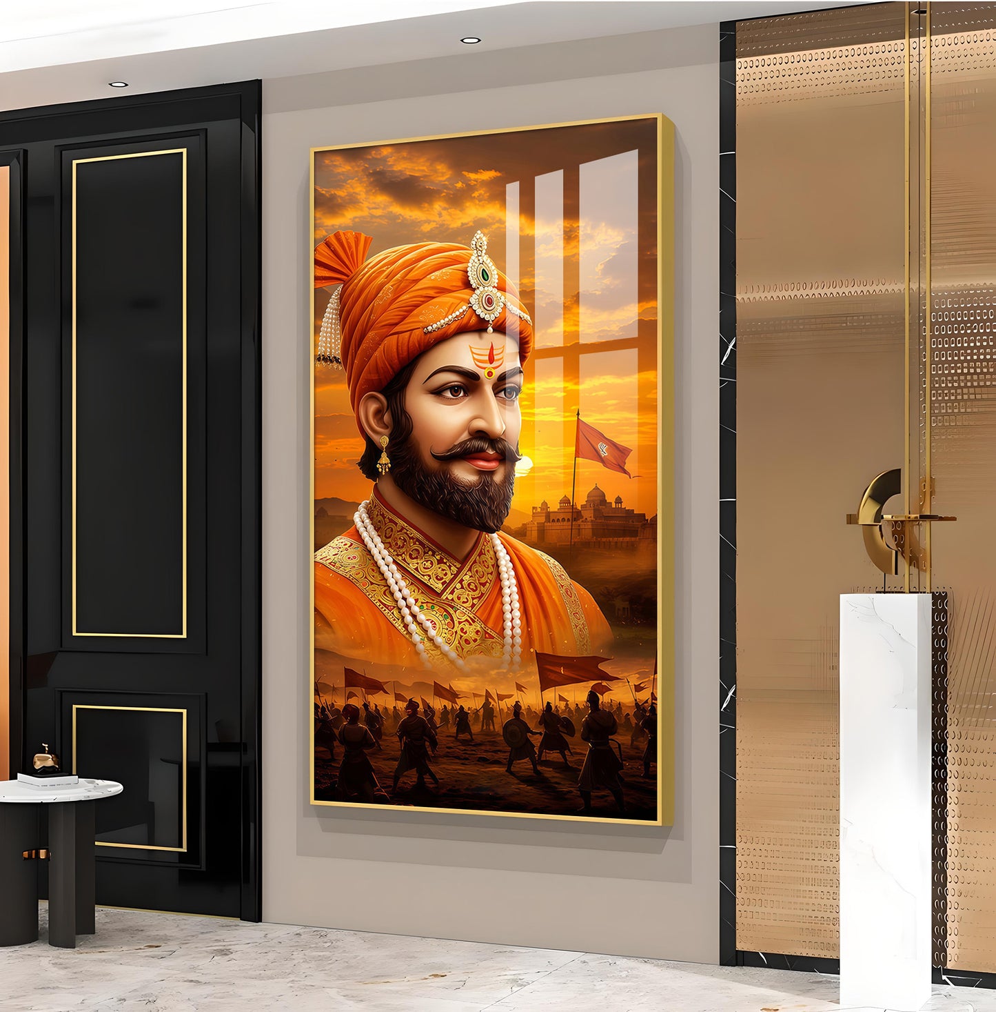 Shivaji Maharaj Glass Finish Vertical Wall Art