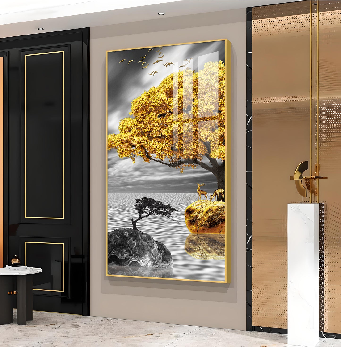 Golden Tree Oasis Glass Finish Vertical Wall Art