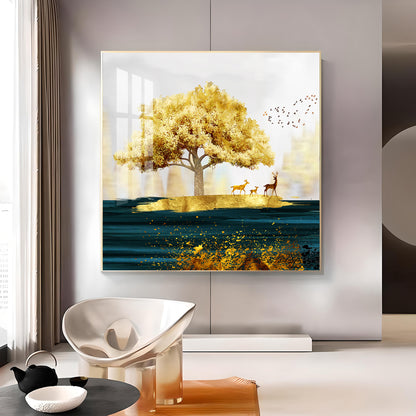 Golden Tree and Deer Glass Finish Square Wall Art