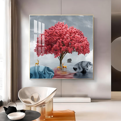 Rosy Bloom Tree Glass Finish Square Wall Art