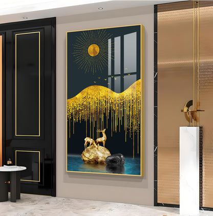 Golden Deer Essence Glass Finish Vertical Wall Art