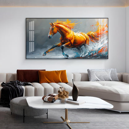 One Running Horse Glass Finish Horizontal Wall Art