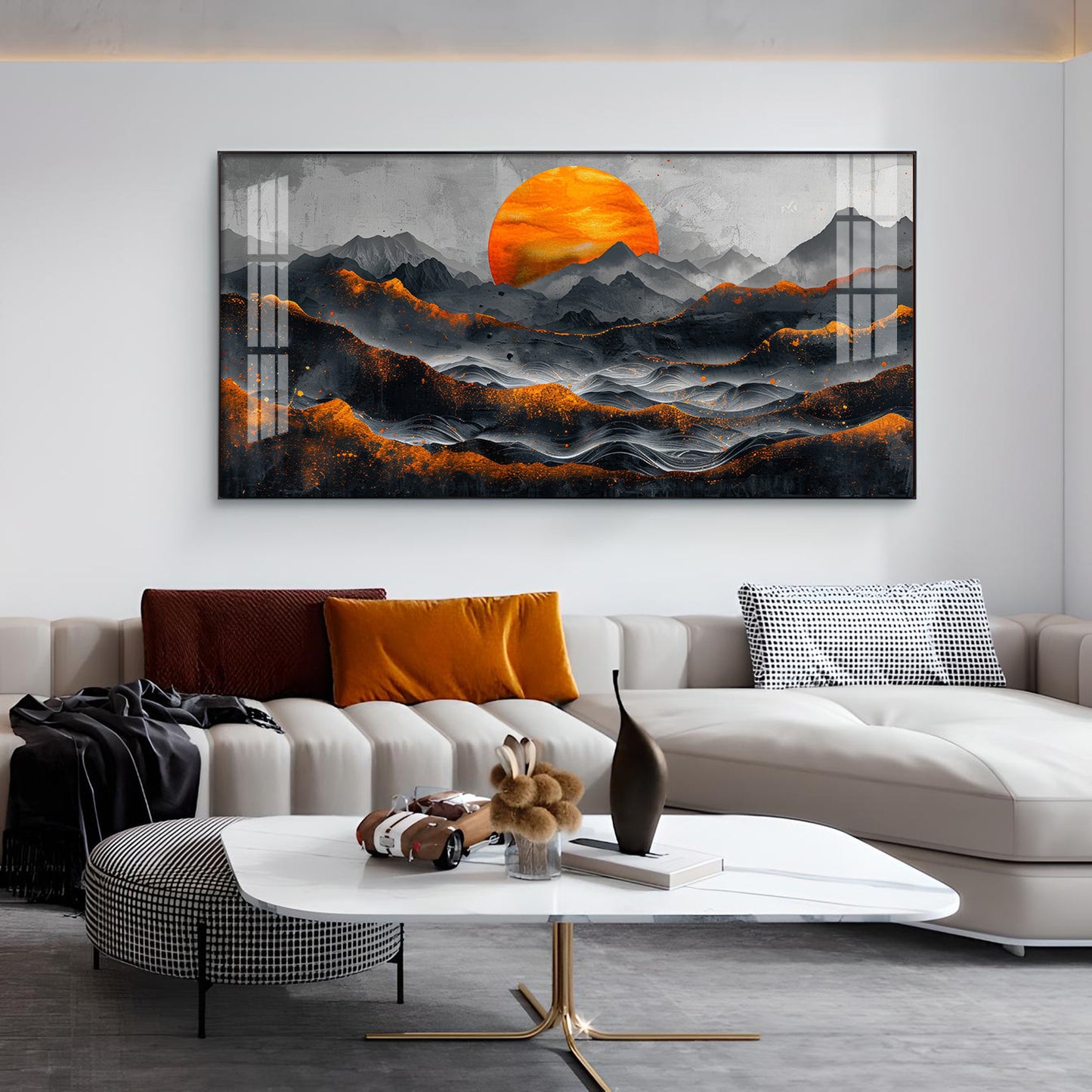 Sun Rise In Black Mountain Glass Finish Horizontal Wall Art