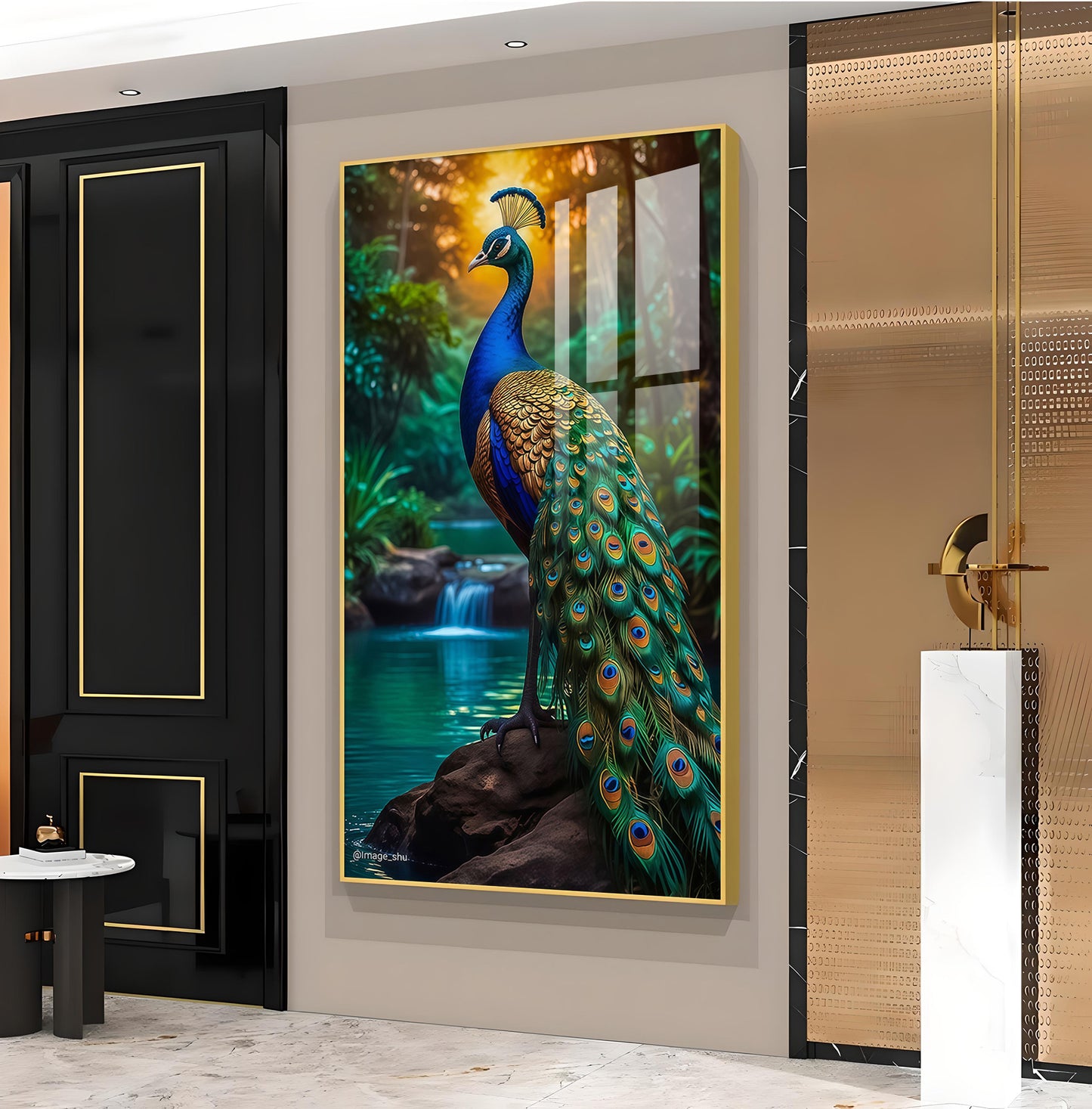 Majestic Peacock by Waterfall Glass Finish Vertical Wall Art
