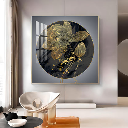 Golden Petal Grandeur Glass Finish Square Wall Art