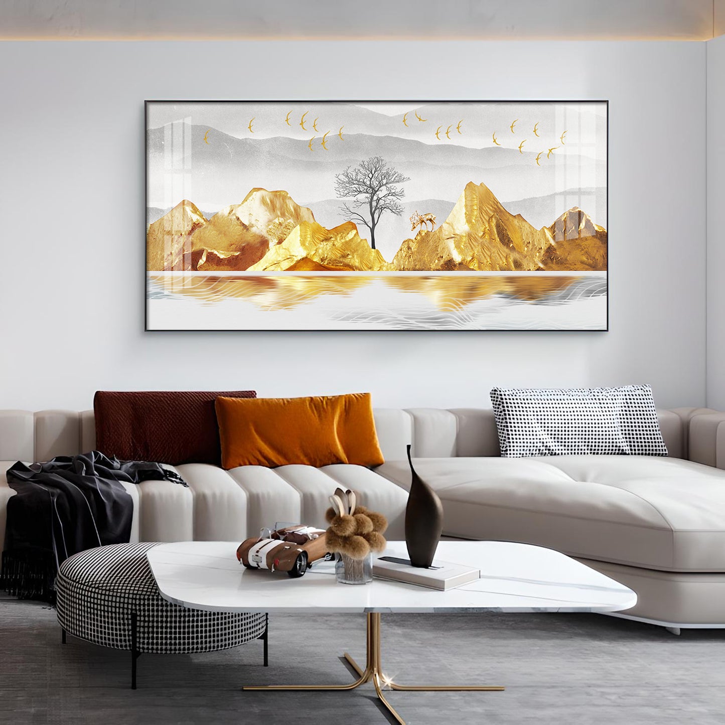 Golden Mountains And Birds Glass Finish Horizontal Wall Art