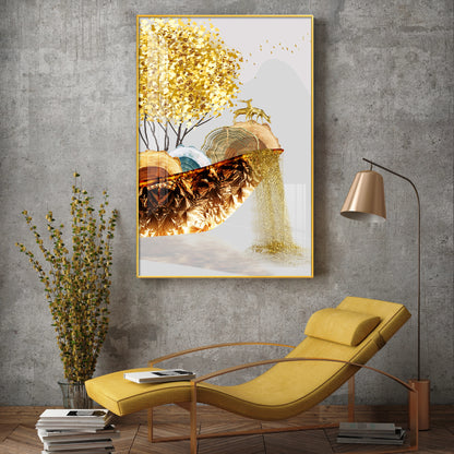 Golden Serenity Glass Finish Vertical Wall Art