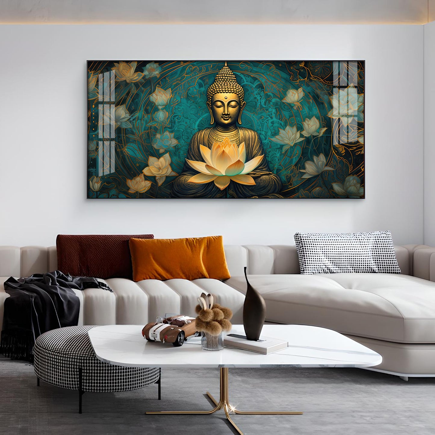 Golden Buddha With Lotus Glass Finish Horizontal Wall Art