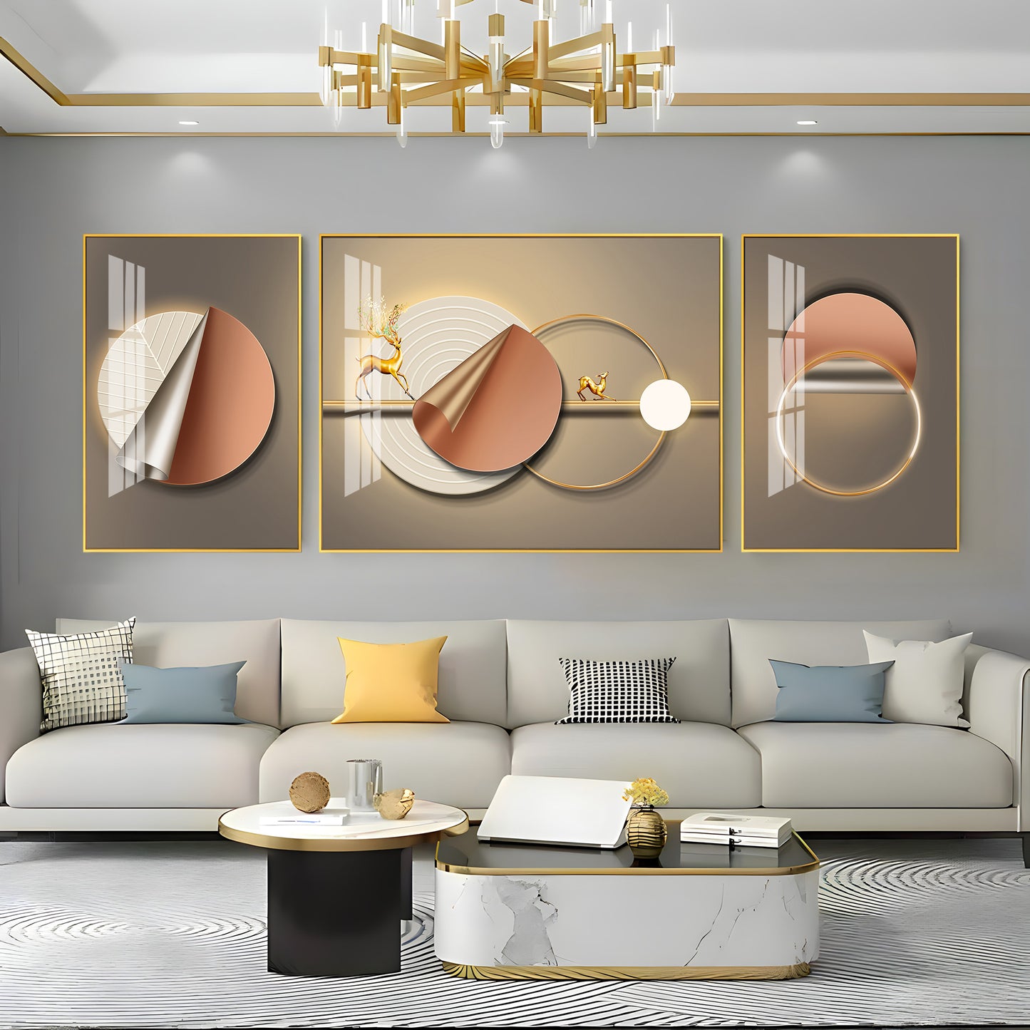 Golden Horizon Glass Finish Wall Art (Set Of 3)