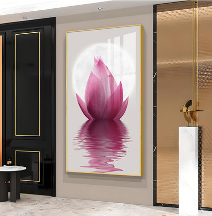 Lunar Lotus Glass Finish Vertical Wall Art