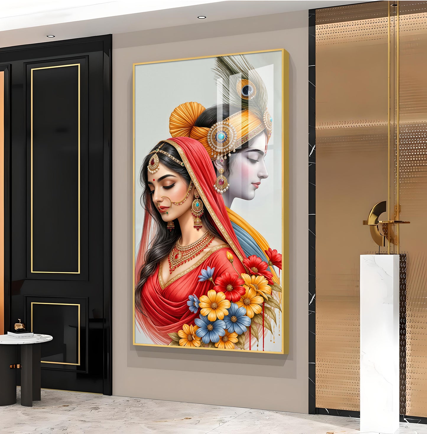 Loving Radha Krishna Glass Finish Vertical Wall Art