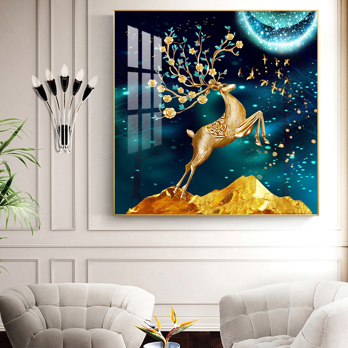 Golden Antlered Beauty Glass Finish Square Wall Art