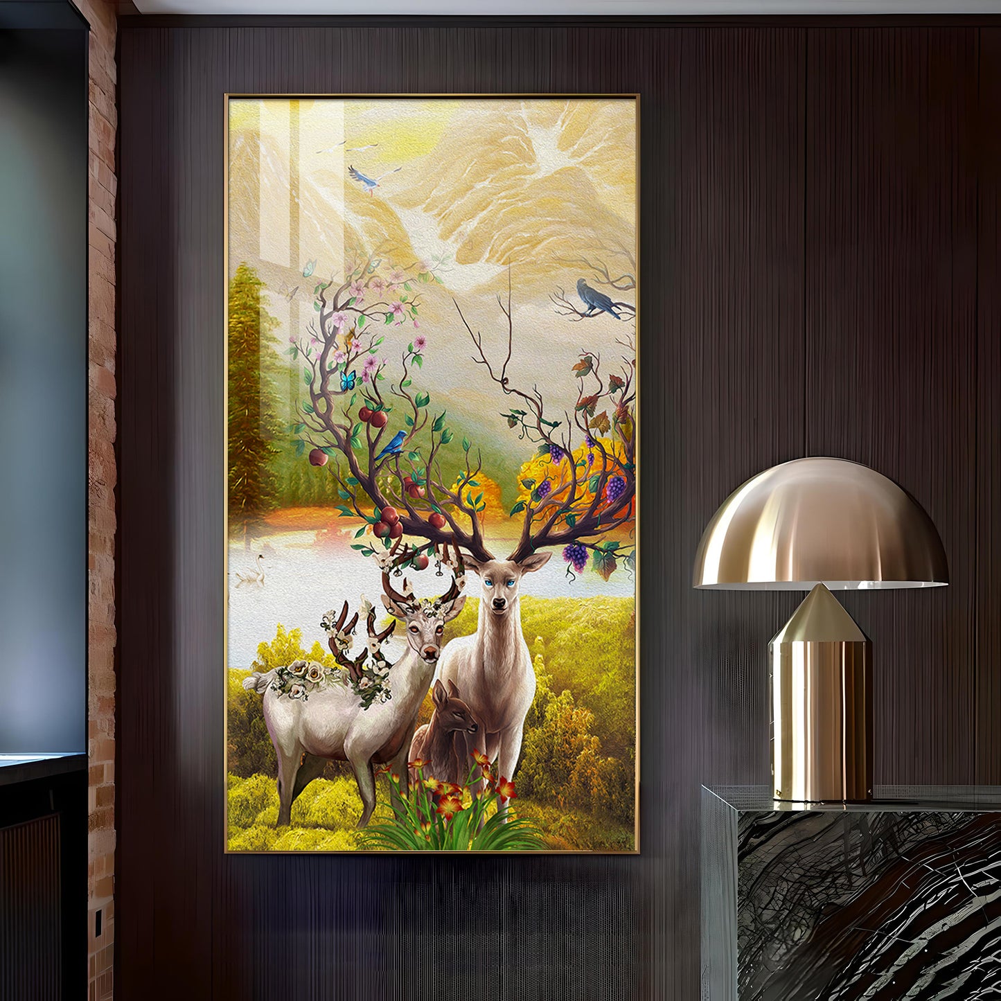 Portrait of Deer and Blossoms Glass Finish Vertical Wall Art