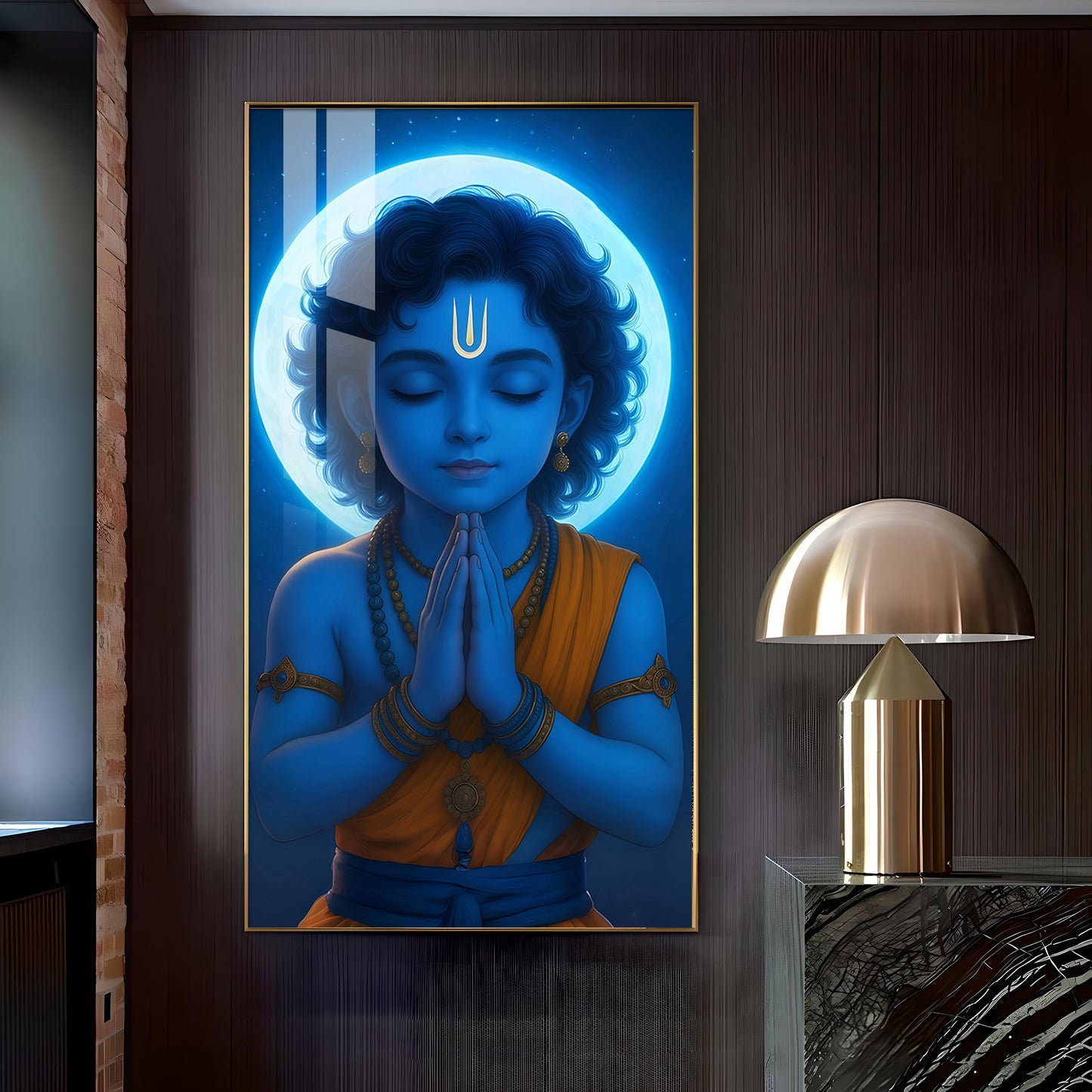 Praying Little krishna Glass Finish vertical Wall Art