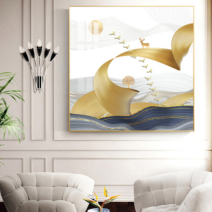 Golden Bird Above the Peaks Glass Finish Square Wall Art