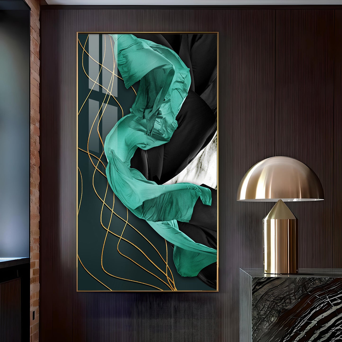 Emerald Elegance Glass Finish Vertical Wall Art