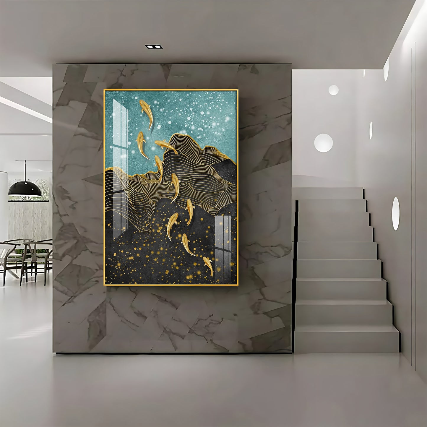 Black Gold Aquatic Fish Glass Finish Vertical Wall Art