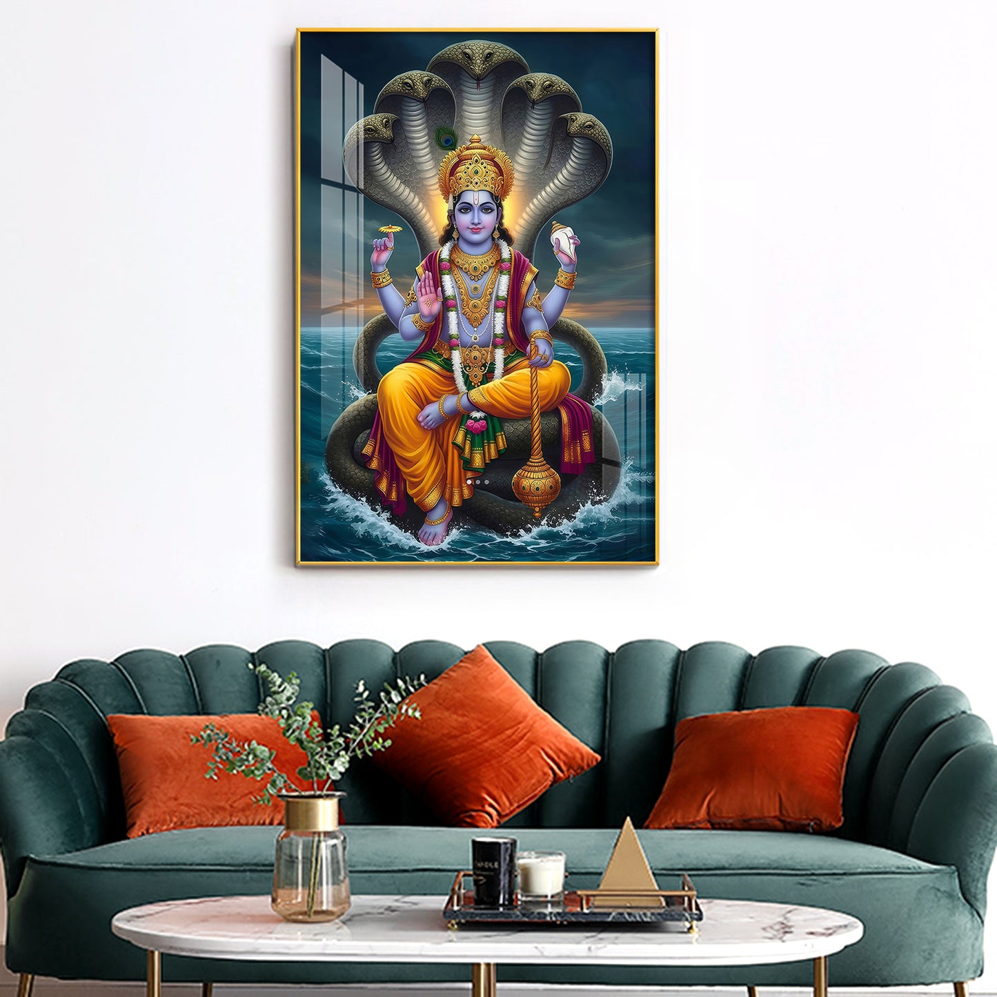 Jay Vishnu Bhagwan Glass Finish Vertical Wall Art