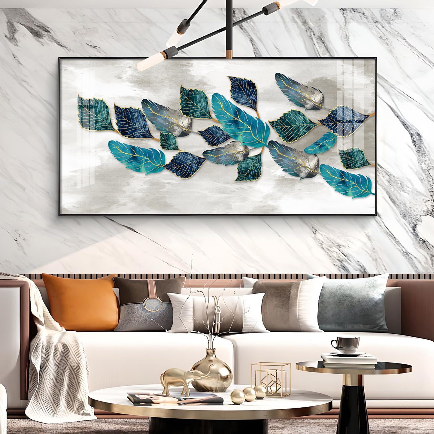 Turquoise Greay Leaves Glass Finish Horizontal Wall Art