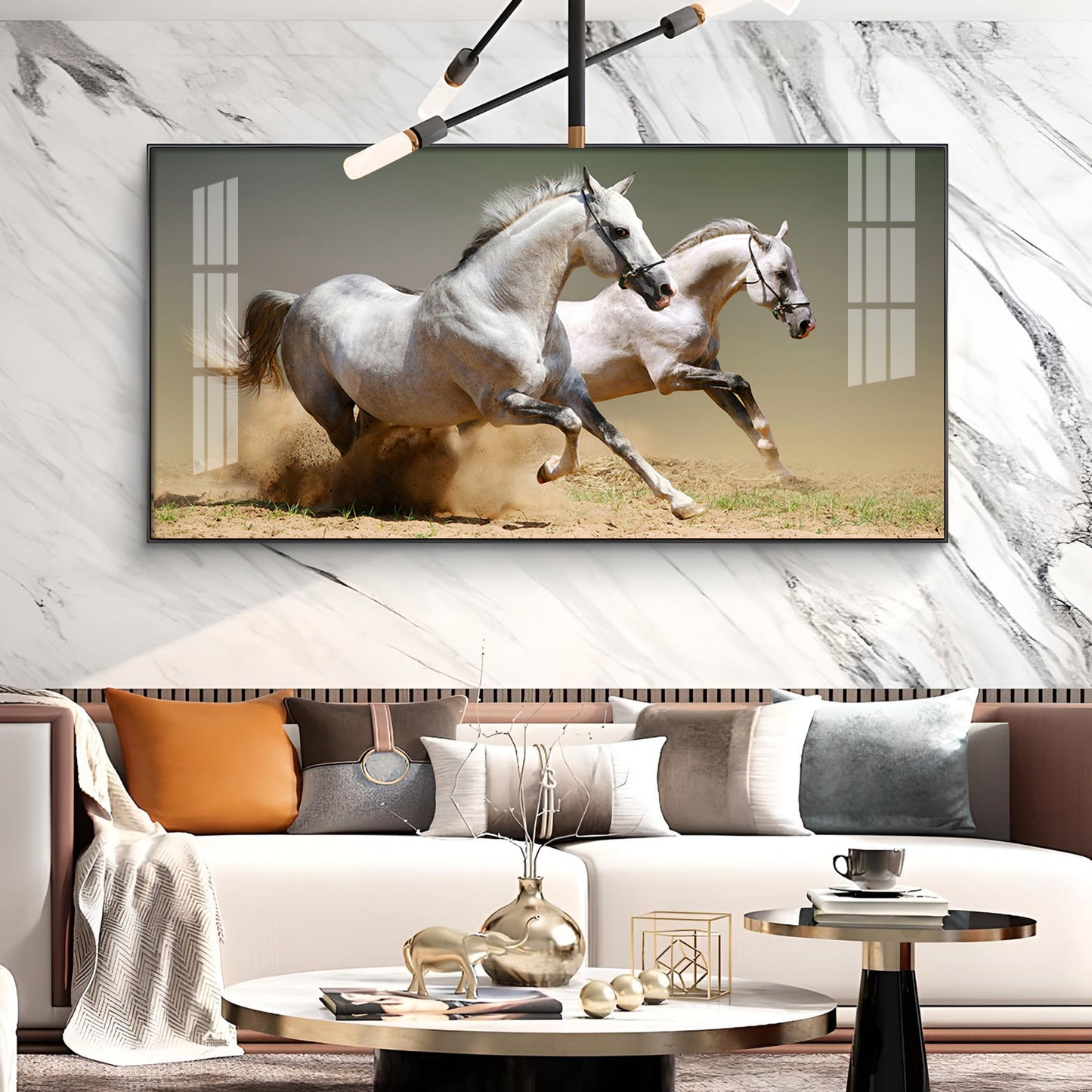 Satin Matt Running Horses Glass Finish Horizontal Wall Art