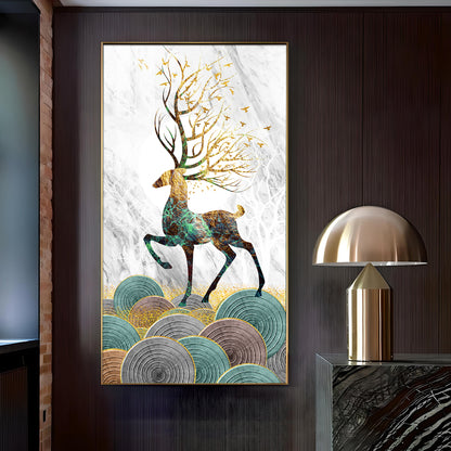 Deer and Its Branches Glass Finish Vertical Wall Art