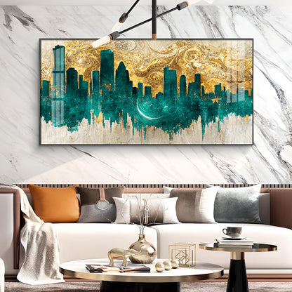 Golden Urban Vista Glass Finish Horizontal Wall Art