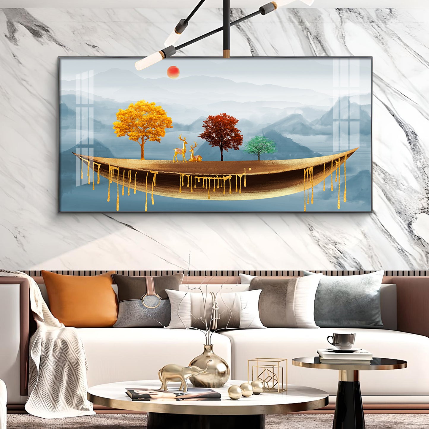 Golden Abstract Landscape Art Colored Line Tree Glass Finish Horizontal Wall Art