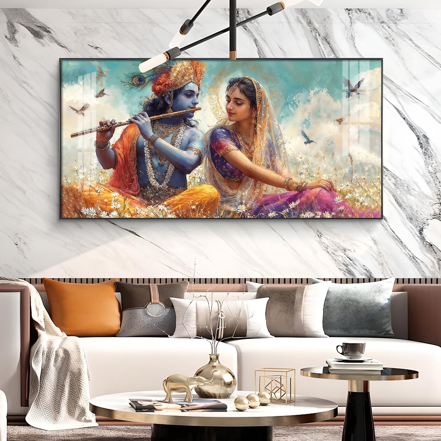 Radhe Krishna Loving Glass Finish Horizontal Wall Art