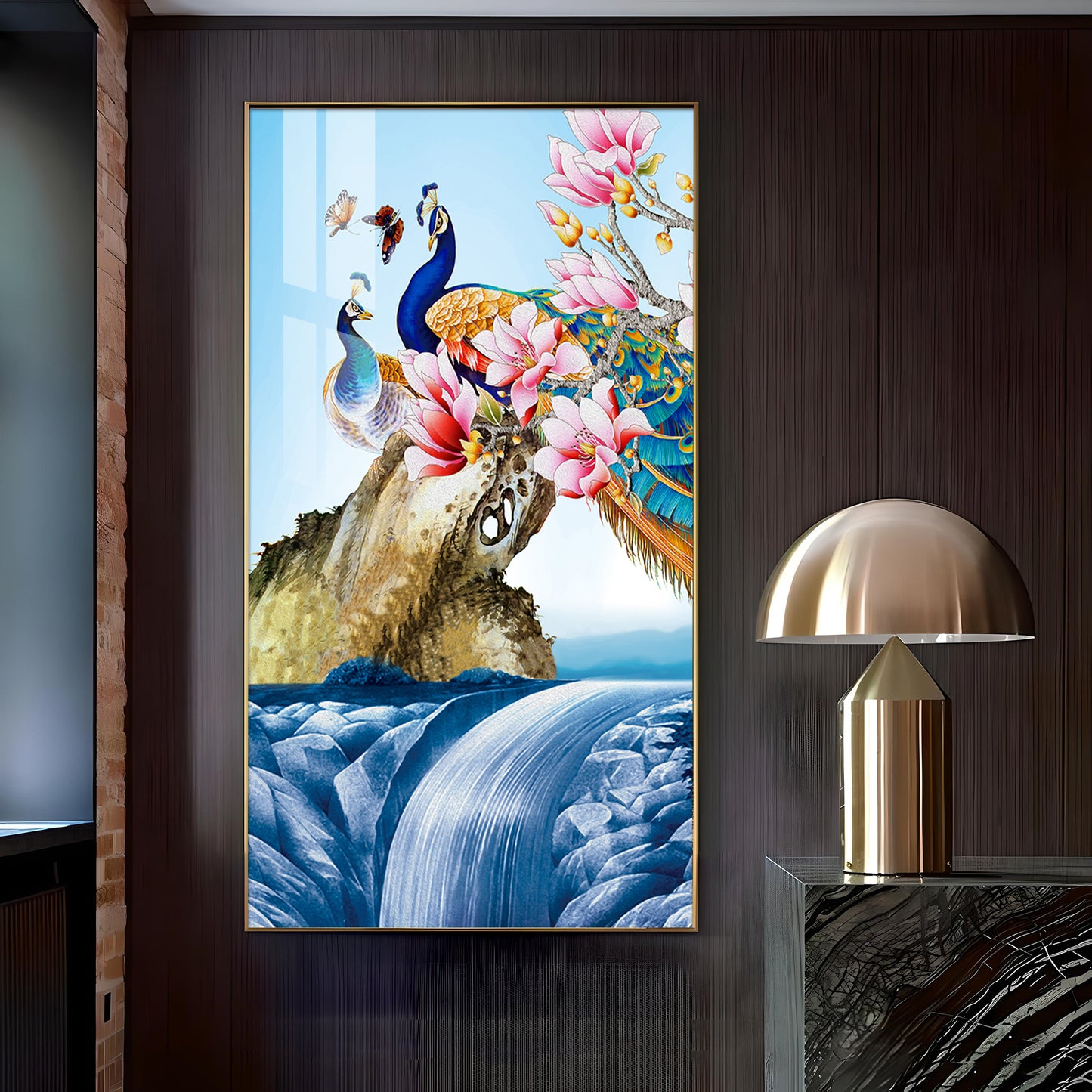 Peacock Amidst Floral Waters Glass Finish Vertical Wall Art