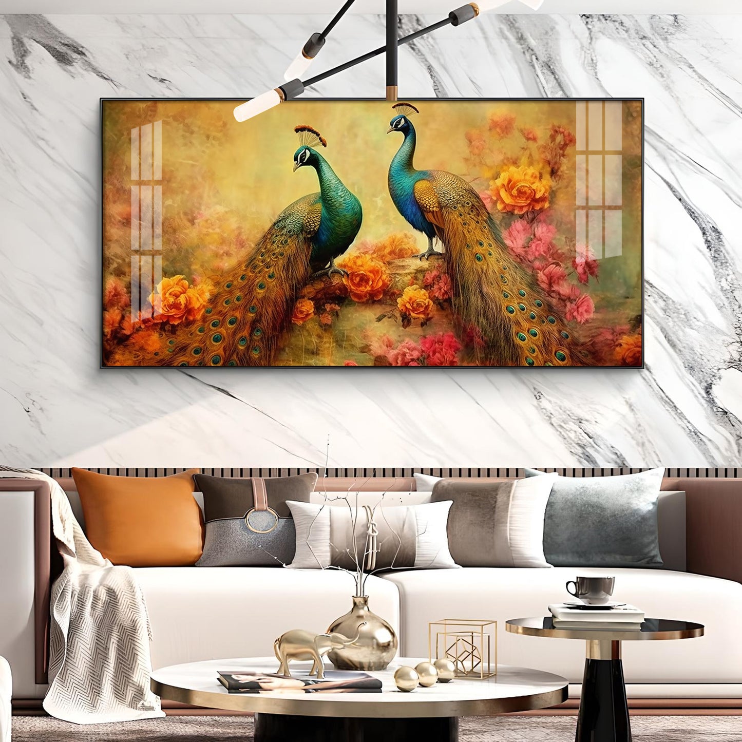 Two Peacock With Flower Background Glass Finish Horizontal Wall Art