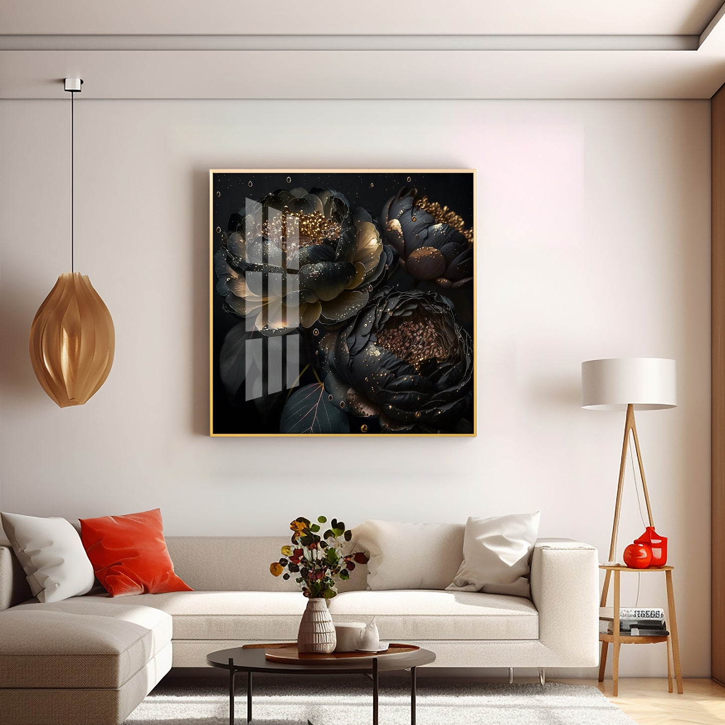 Golden Petals Noir Glass Finish Square Wall Art