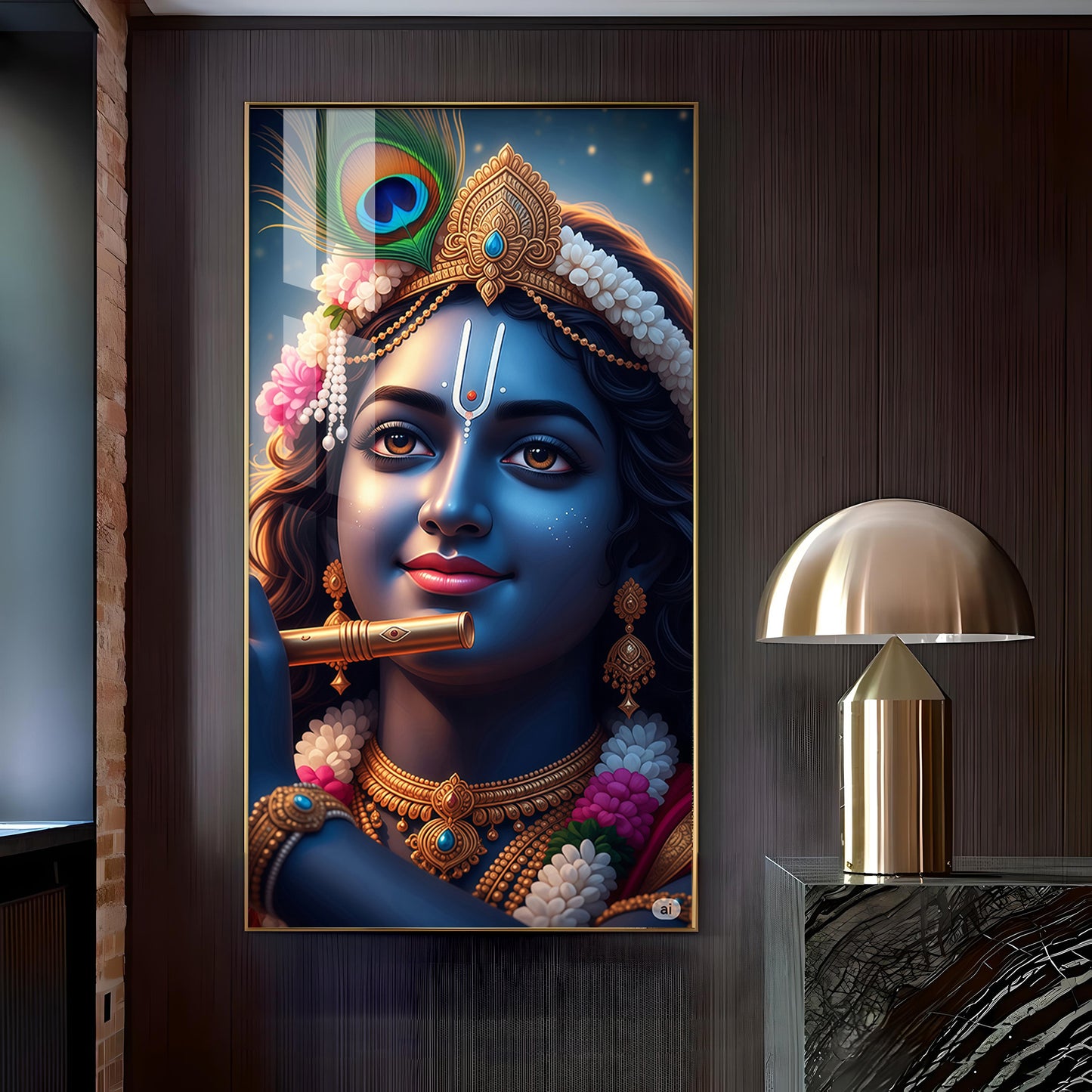 Krishna Flute Glass Finish Vertical Wall Art
