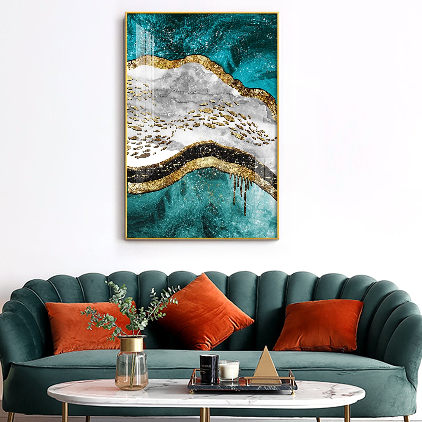 Aqua Gold Cascade Glass Finish Vertical Wall Art