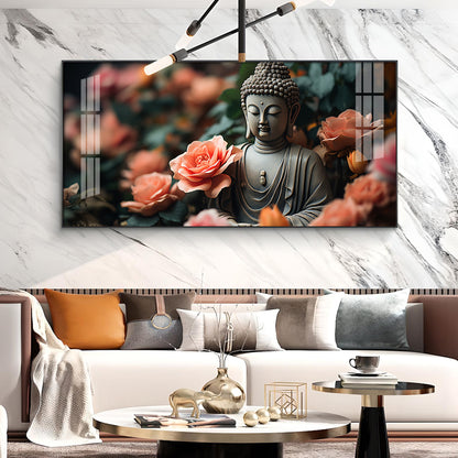 Calm Buddha With Flower Glass Finish Horizontal Wall Art