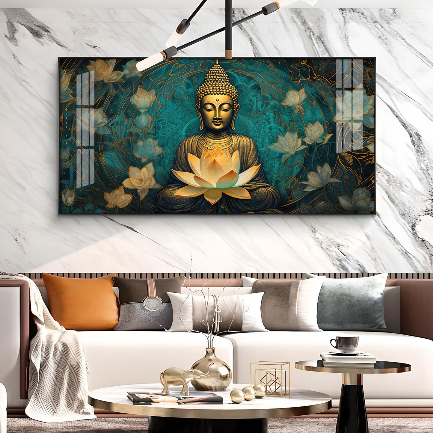 Golden Buddha With Lotus Glass Finish Horizontal Wall Art