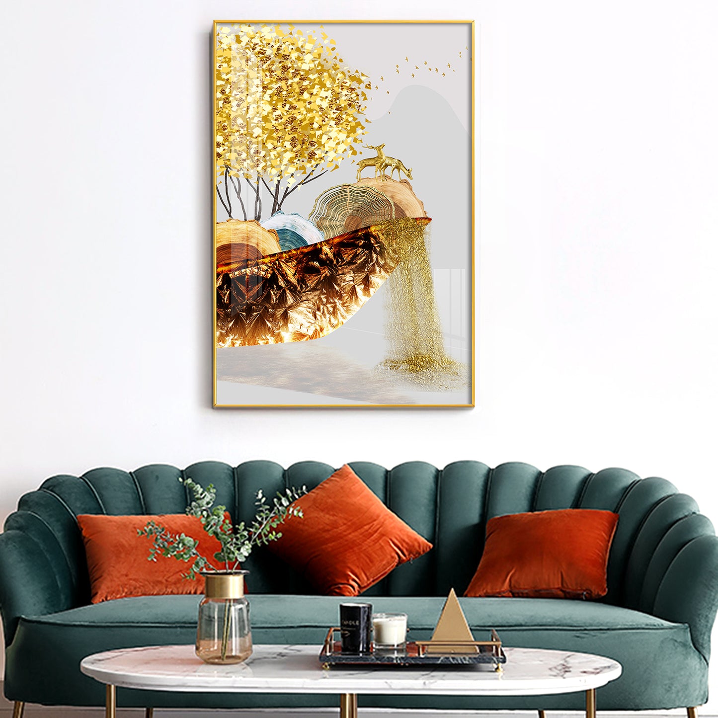 Golden Serenity Glass Finish Vertical Wall Art